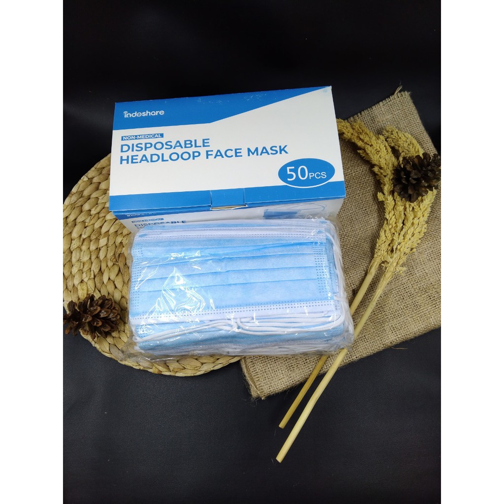 MASKER HIJAB / NON HIJAB / MASKER MEDIS 3 PLY 50PCS / DISPOSABLE FACE MASK / HEADLOOP / EARLOOP