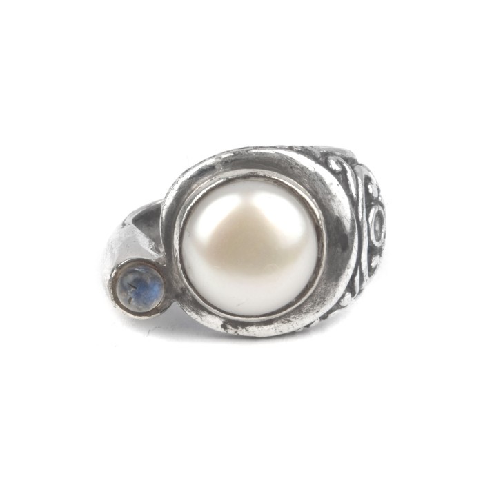 Cincin Perak Mutiara, Motif Ukiran Bali, Handmade, Moonstone natural