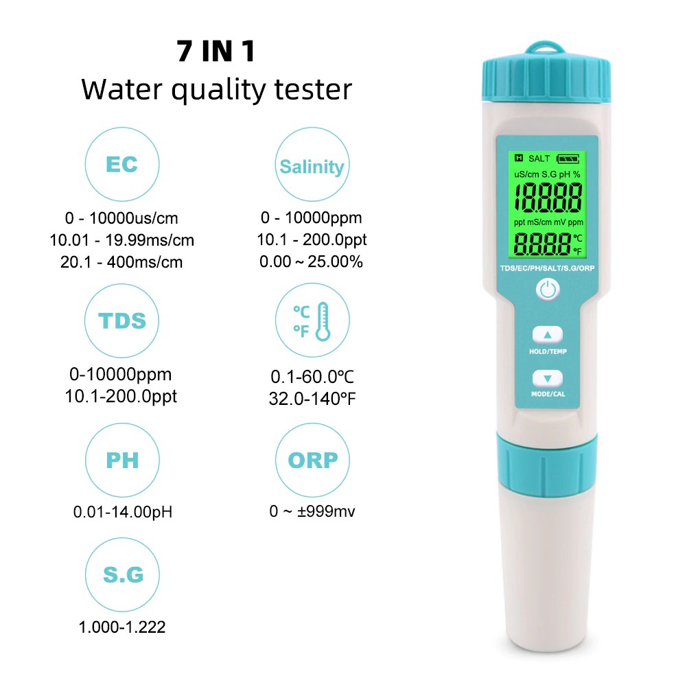 C600 Alat Ukur Kualitas Air 7in1 PH TDS EC ORP Salinity SG Temperature Water Tester C-600