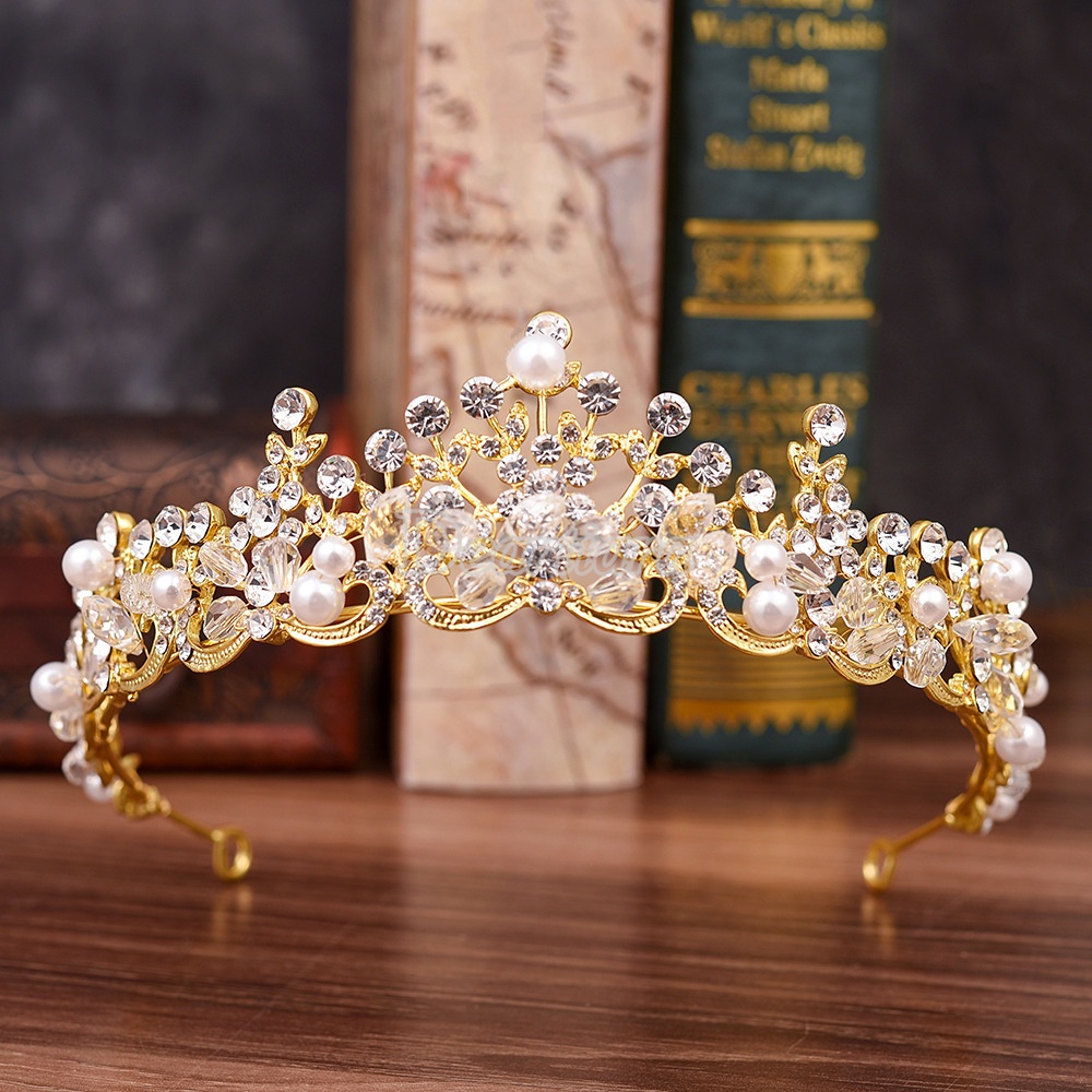 Mahkota Tiara Bahan Alloy Hias Mutiara Berlian Imitasi Untuk Aksesoris Rambut Pengantin Wanita