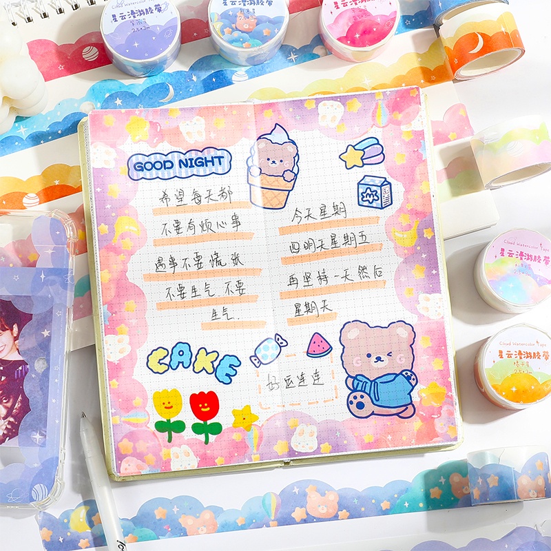 Stiker Kertasselotip Washi Gambar Awangelombang Cat Air Untuk Dekorasi DIY