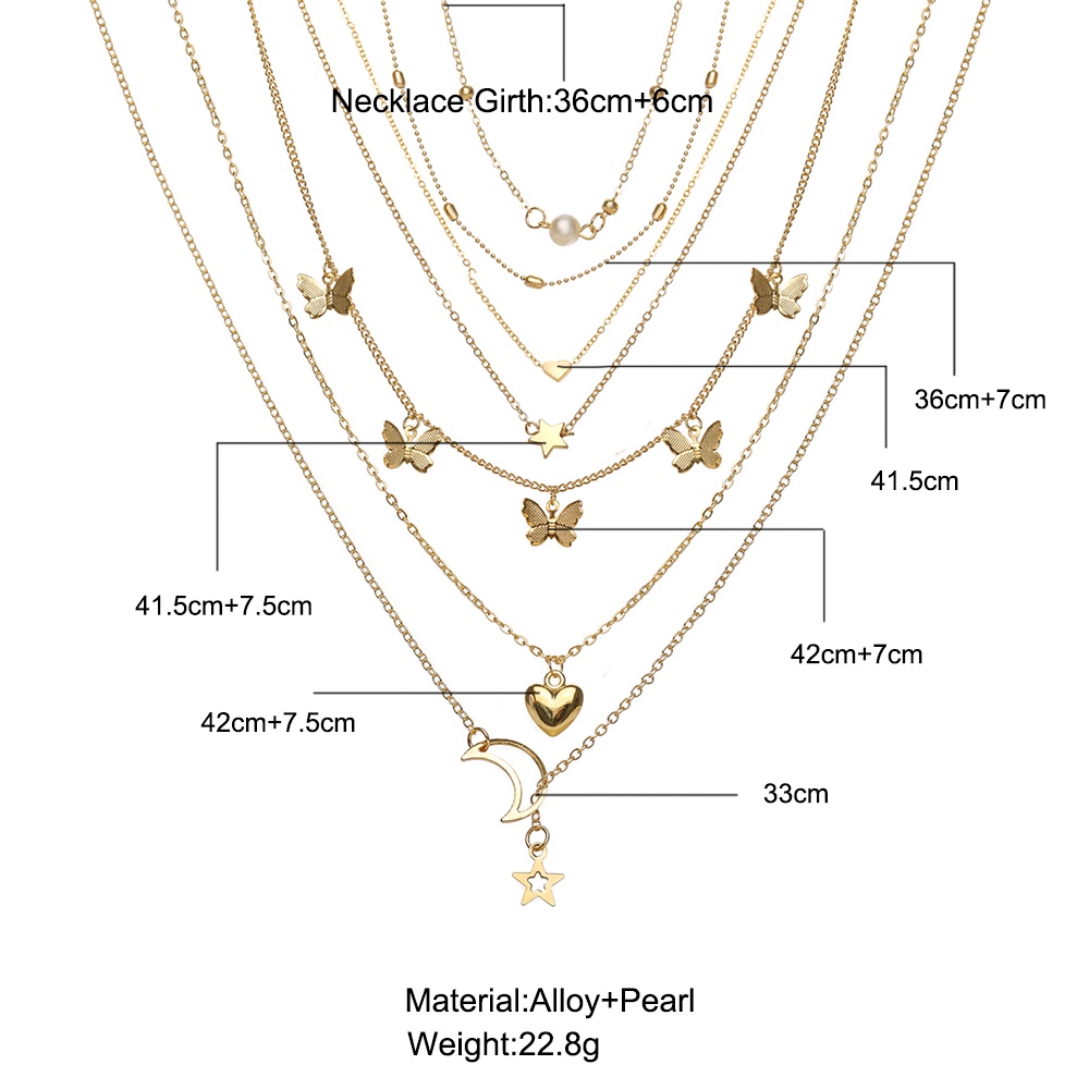 YEEZII Korean Fashion Pearl Butterfly Star Pendant Necklace Moon Heart Multilayer Gold Choker Women Accessories Gift
