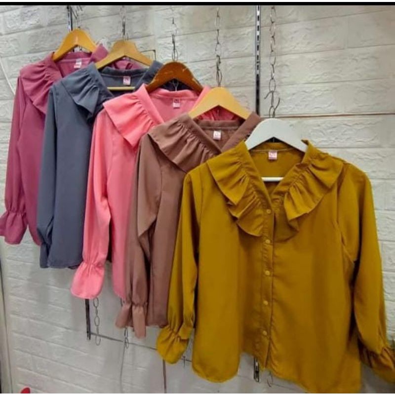 Atasan Blouse Ruffle Ruffel Wanita Top Import Rumbai Leher V Neck Terbaru Kekinian