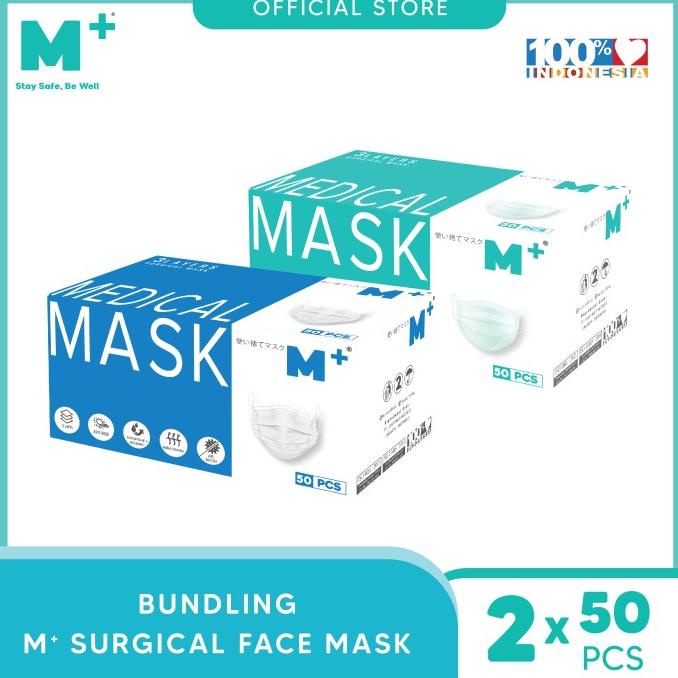 Masker Medis Earloop Putih & Masker Medis Earloop Hijau M+ Isi 50
