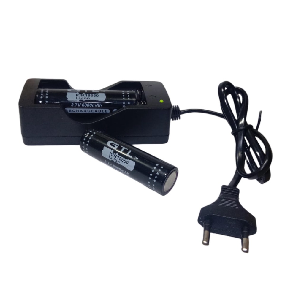 Paket Charger 2 Slot + 2 PCS Baterai Li-ion GTL ICR 18650 6000mAh 3.7V Warna Hitam