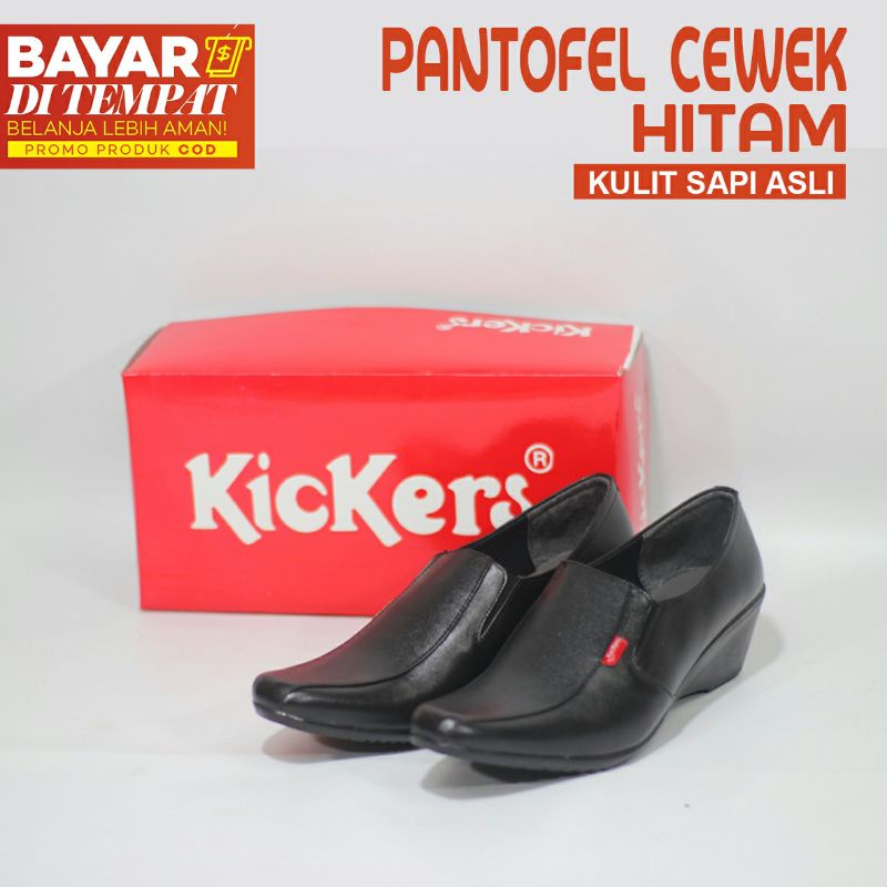 Sepatu Pantofel Wanita Kickers Kulit Asli-Hitam