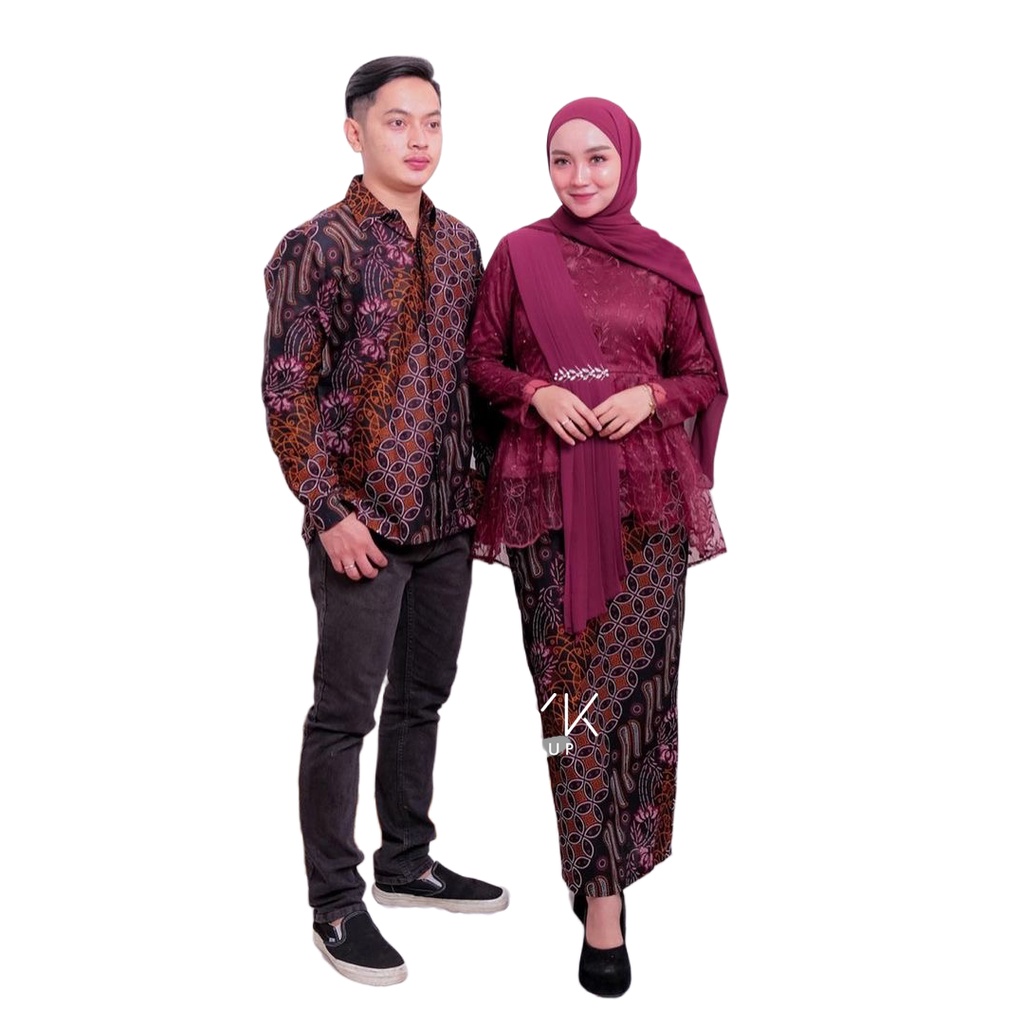 Batik Couple Ramashinta Katun Halus/Couple Batik Tille Brokat Mutiara/Kebaya Couple Amalia Maroon-KRESNA