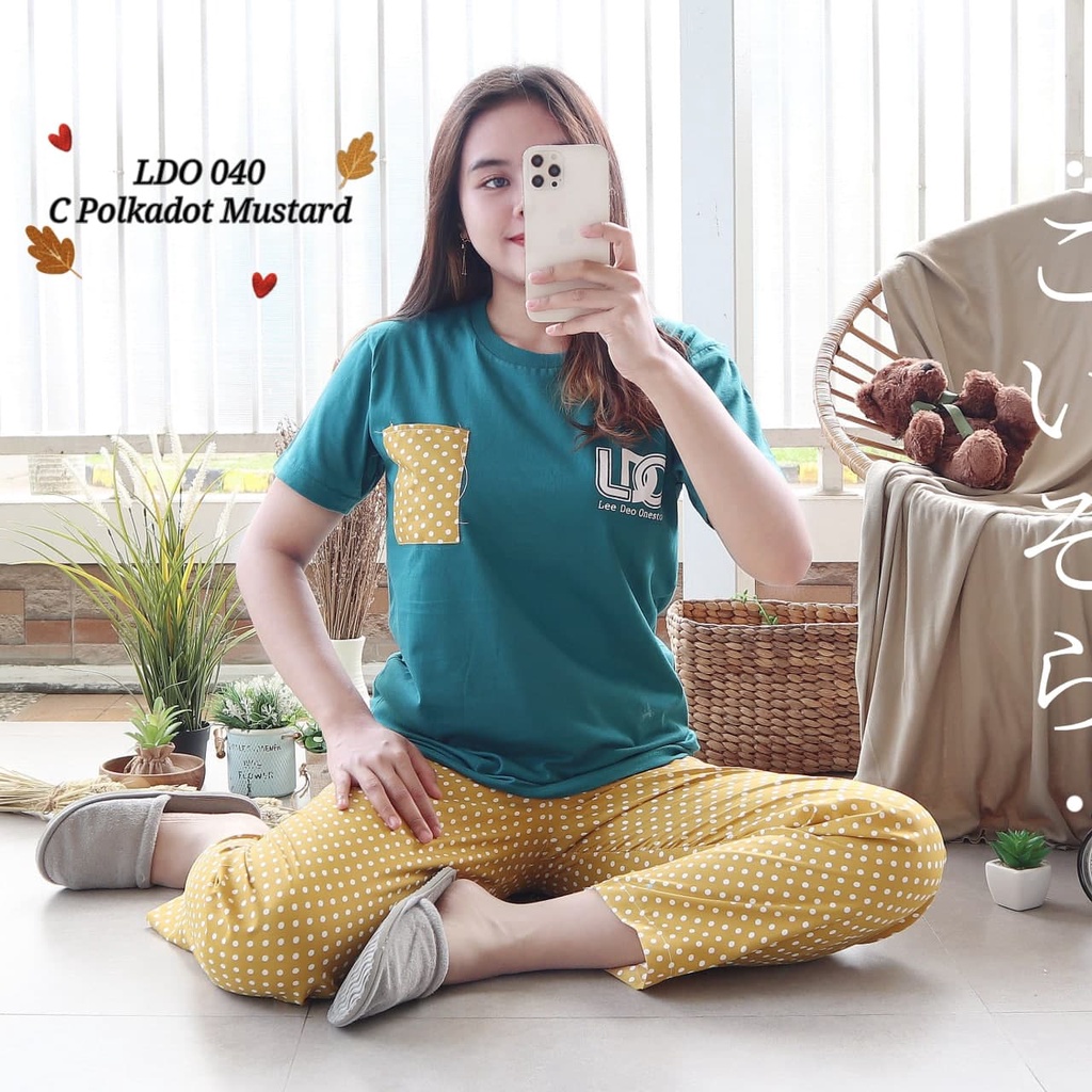 IZANY Piyama Dewasa Size S/ CP Atasan kaos Tebal-LDO 040 POLKA MUSTAR