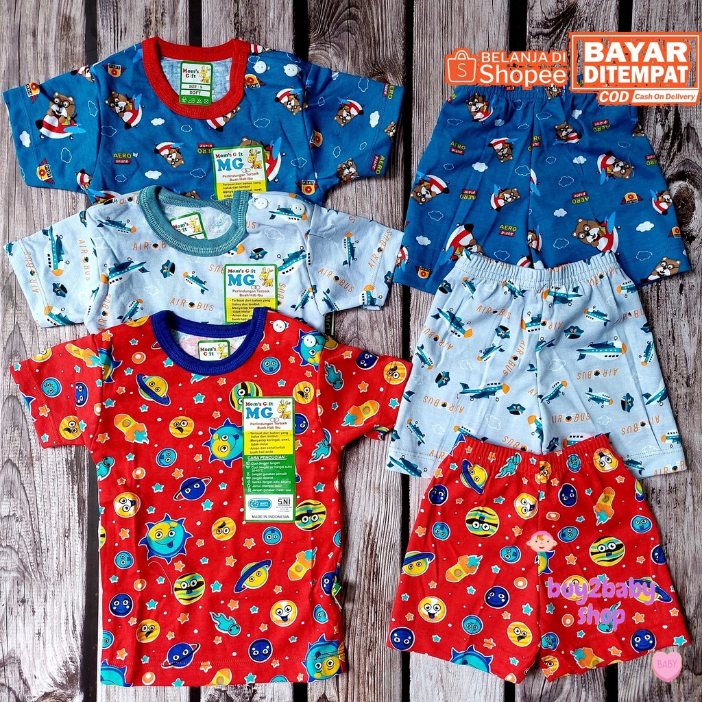 Baju bayi setelan kaos celana pendek full print motif Moms Gift 3-24 Bulan 3 Setelan