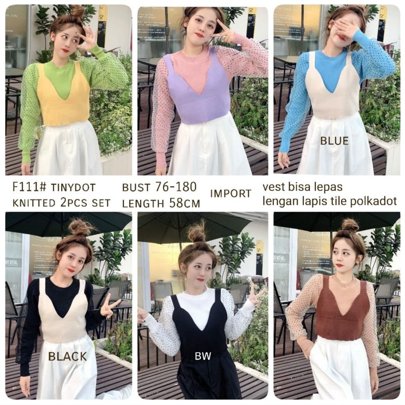 MDLV ~ F111# Tinydot Knitted 2pcs Set Atasan Blouse Vest Rajut Korea Import