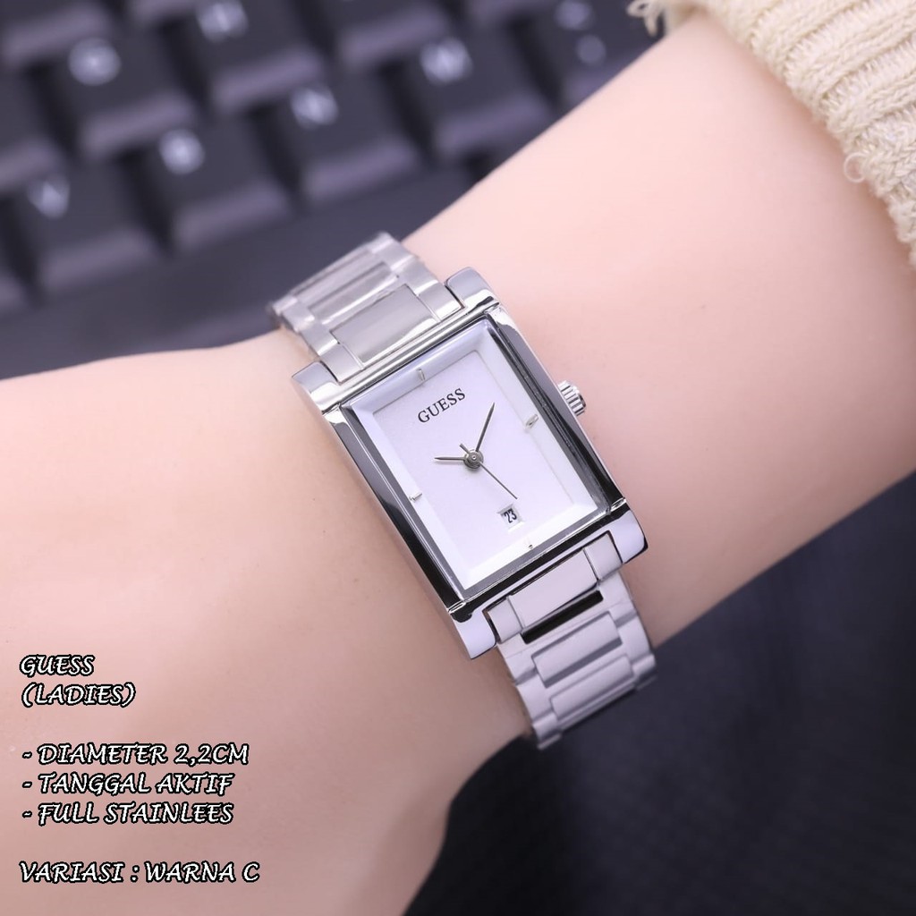 JAM TANGAN WANITA GUESS RANTAI BODY SEGI TANGGAL AKTIF KNOP GERIGI