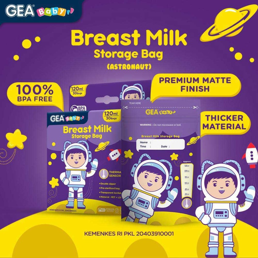 GEA BABY BREAST MILK STORAGE BAG 120ML ISI 30PCS ASTRONAUT PURPLE / KANTONG ASI