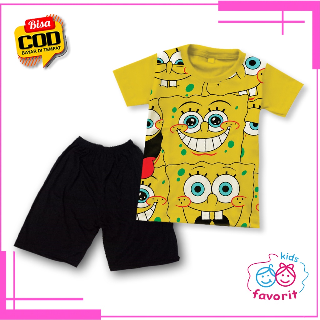 Favorit kids setelan baju anak perempuan lengan pendek gambar Spongebob fullprint