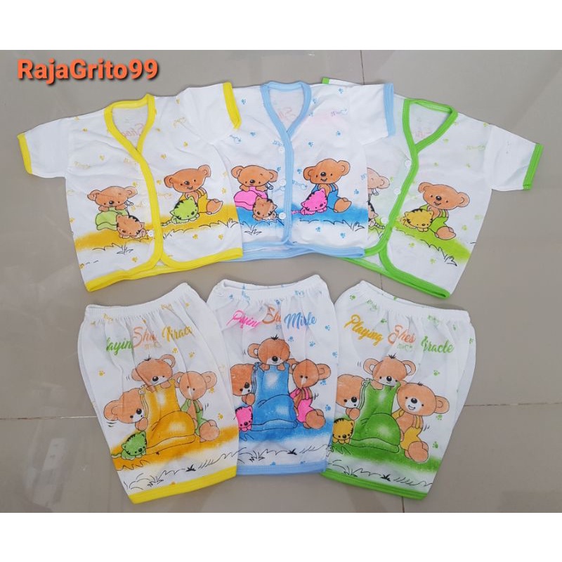 Setelan Pendek Bayi Motif Putih Print isi 6 Pcs (setengah Lusin) - Bahan PE / Setelan Baju Pendek bayi motif Sablon  - Baju Kaos setelan Pendek bayi Baju Pendek + Celana Pendek