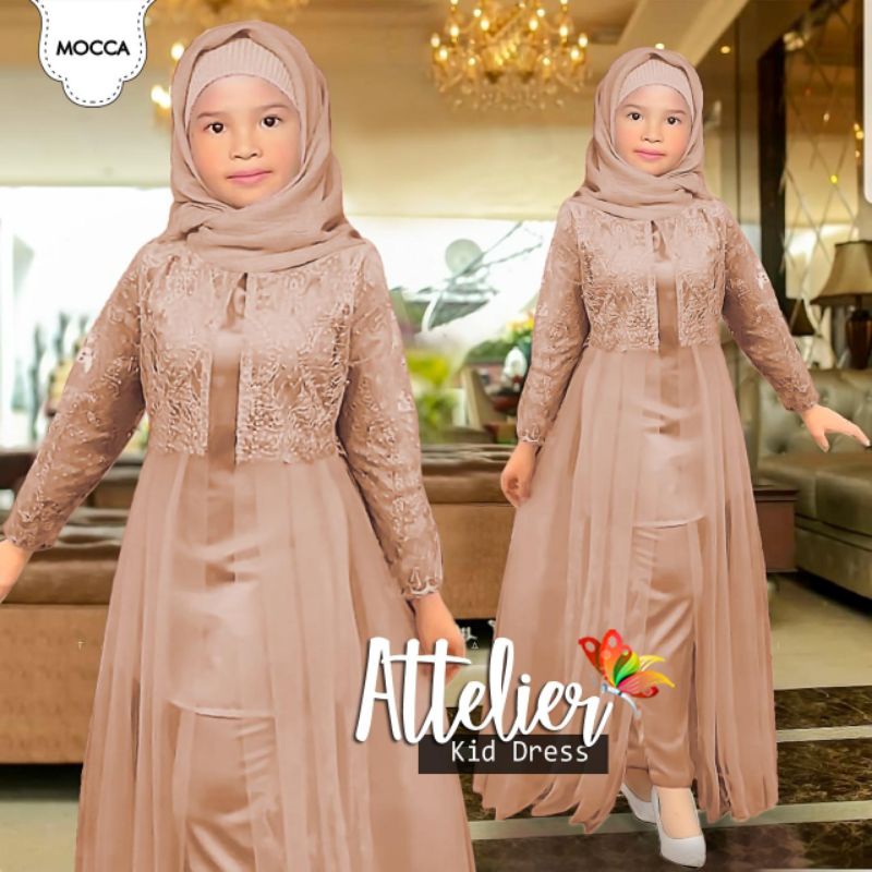 SET CELANA TUNIK ATTELIER KID ANAK, MOSCREPE BRUKAT TILE, GAMIS HIJAB MUSLIM, SETELAN