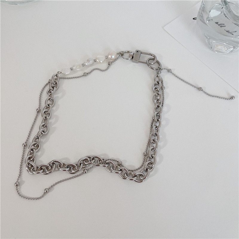 Kalung Rantai Klavikula Ganda Aksen Mutiara Bahan Logam Untuk Aksesoris