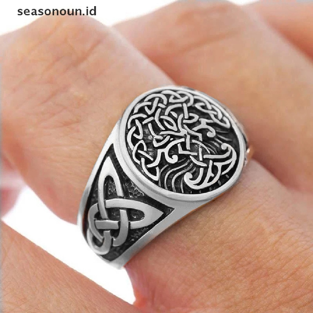 Cincin Desain Pohon Kehidupan Celtics Knotwork Bahan Stainless Steel Untuk Pria