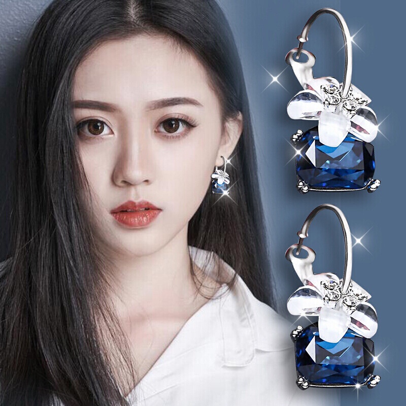 Anting Daisy Kristal Sapphire Ruby Obsidian Elegan Model Terbaru