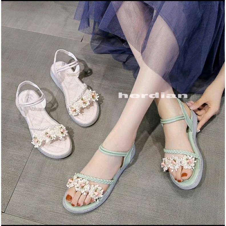 ABBUSHOES Us 107 flat shoes sol jadi tali bunga merona 3cm