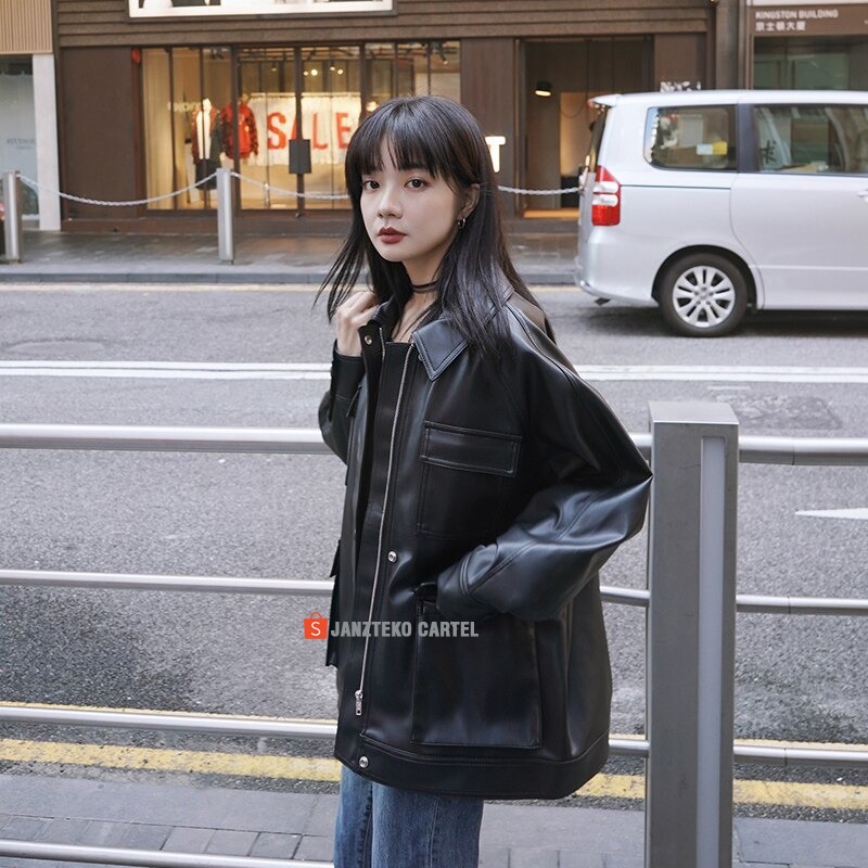 JNK x MURA - Jaket Kulit Sintetis Oversize Wanita Saku Pocket Bigsize Besar Tebal Leather Jacket OOTD Korea KPOP Girlband Cewek Remaja Dewasa Anak Gadis Muda Model Overshirt Balon Keren Polos Premium Original Perempuan ORI Jumbo Import Distro Cewe Casual