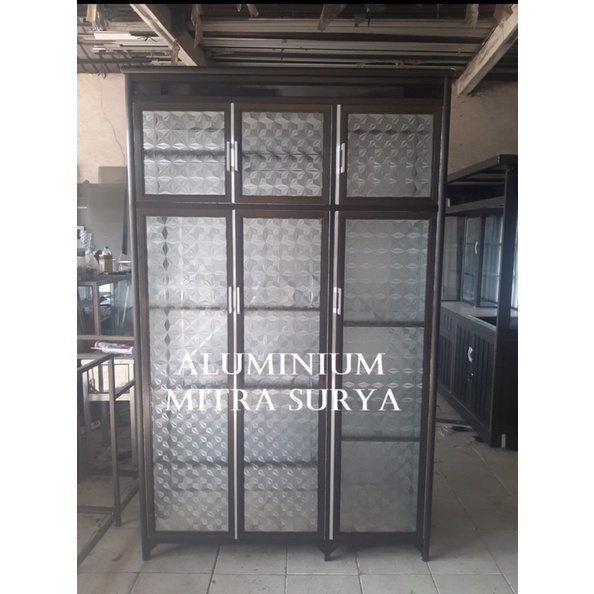 Rak Piring 3 pintu Aluminium SUPER COKLAT Lemari Dapur Kitchen Set Kaca Keramik Full Box TEBAL KUAT