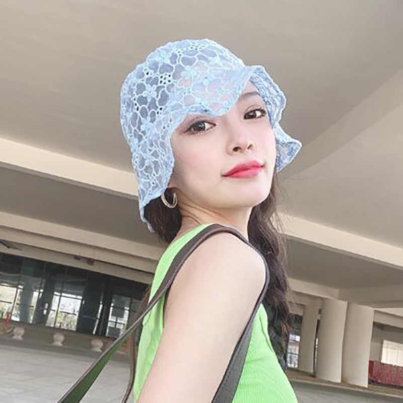 Topi Bucket Wanita Bahan Lace Motif Bunga Gaya Korea Untuk Musim Panas