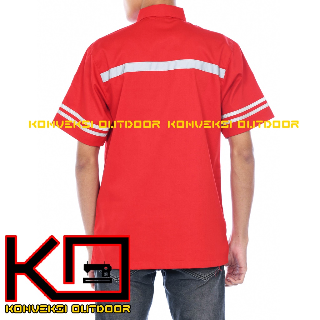 KEMEJA WEARPACK BAJU SAFETY K3 OUTDOOR INDOOR - Seragam Kemeja Kerja Lapangan Lengan Pendek Proyek Bangunan Tambang Alat Berat PLN Enginer Instalasi Mesin werpek sefti Scotlit Warna Merah Konveksi Outdoor