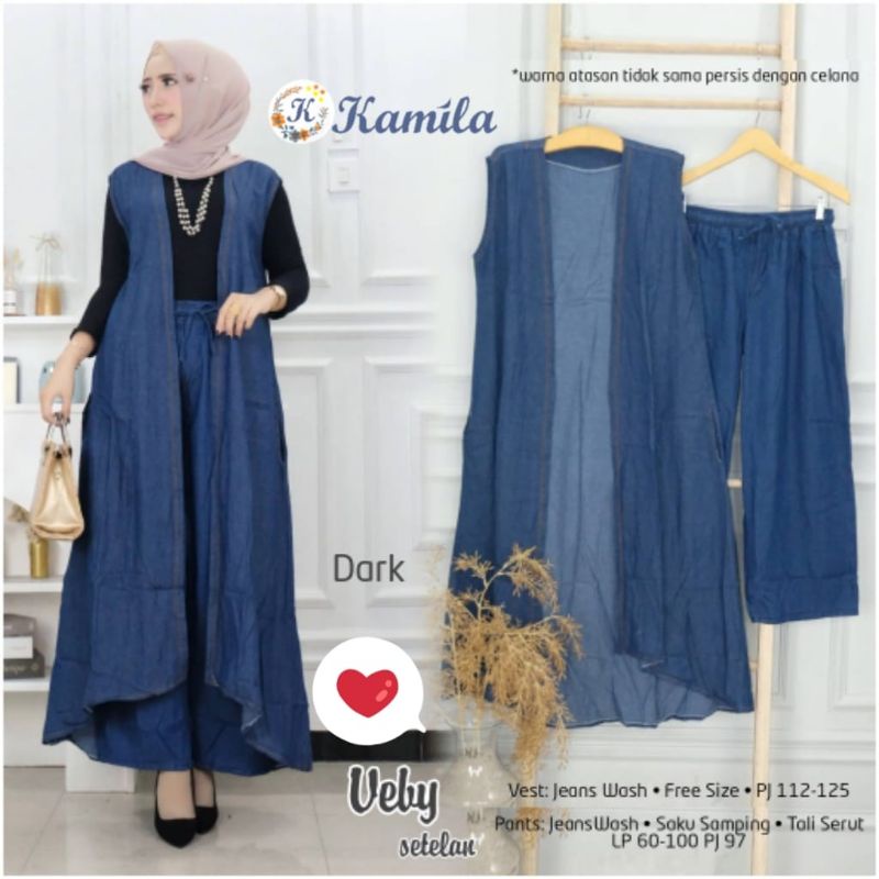 Veby One Set Setelan Celana Kulot Outer Cardigan Polos Jeans Ld 110 Jumbo Fit XXL Best Quality By Ka