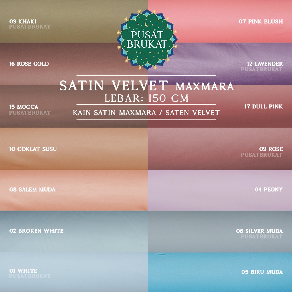 KAIN SATIN VELVET MAXMARA / SATEN PREMIUM - WARNA GELAP / TERANG , LEBAR 150CM [harga per 0.5m]