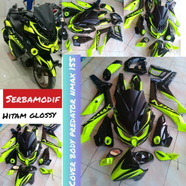Paket cover body predator nmax 155 hitam glossy corak hijau stabilo