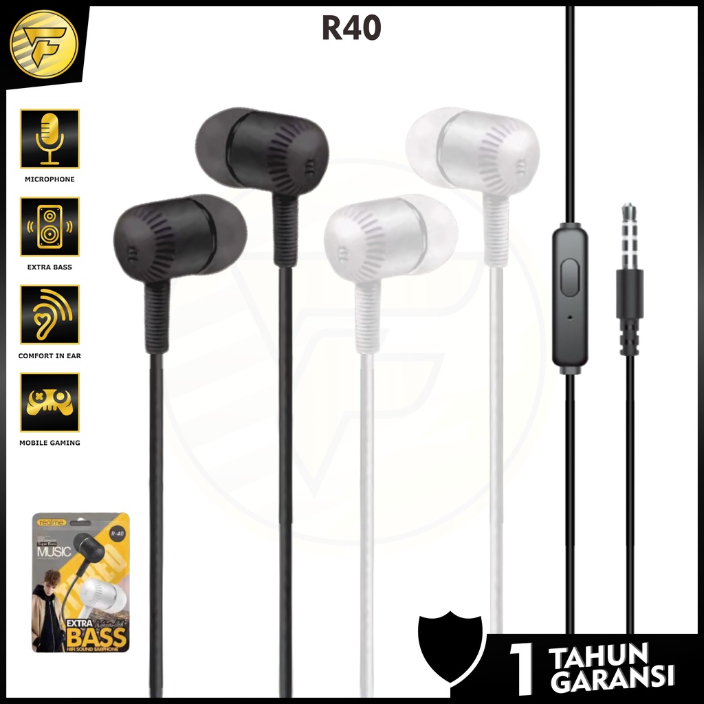 Earphone Realme 40 stereo bass music telfon headset mic