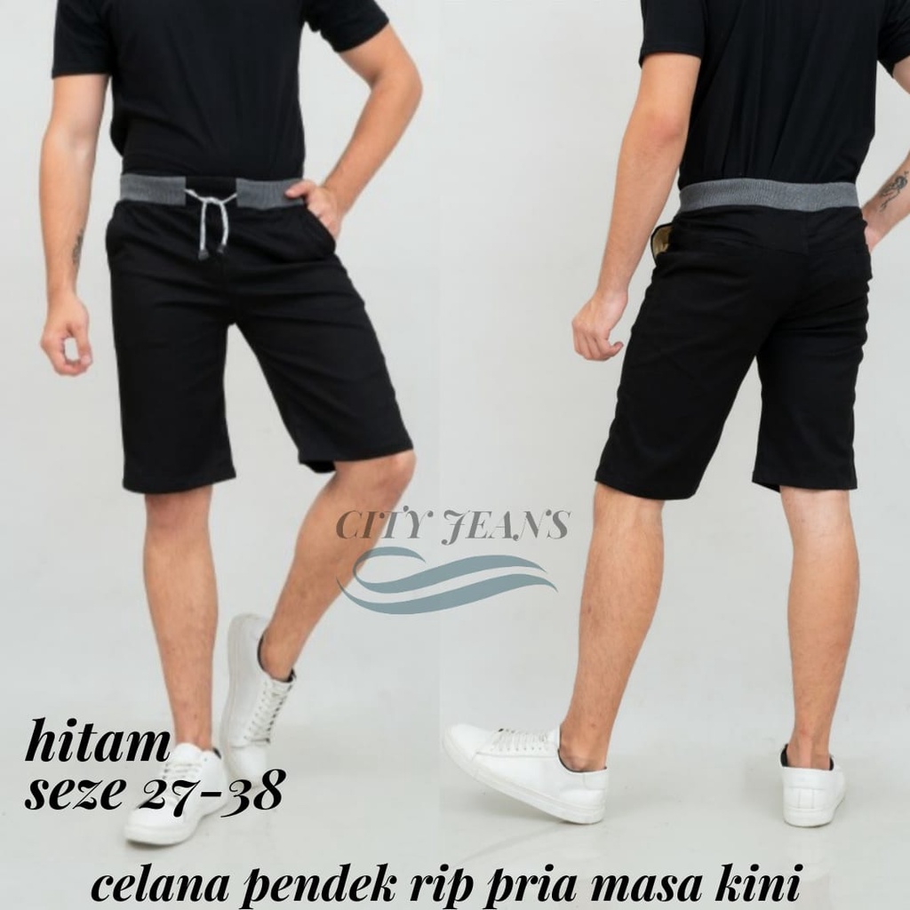 Celana Pendek Pria Pinggang Kolor RIP Bahan Katun Stretcth Polos Hitam Krem Abu Moca 27-38-/.