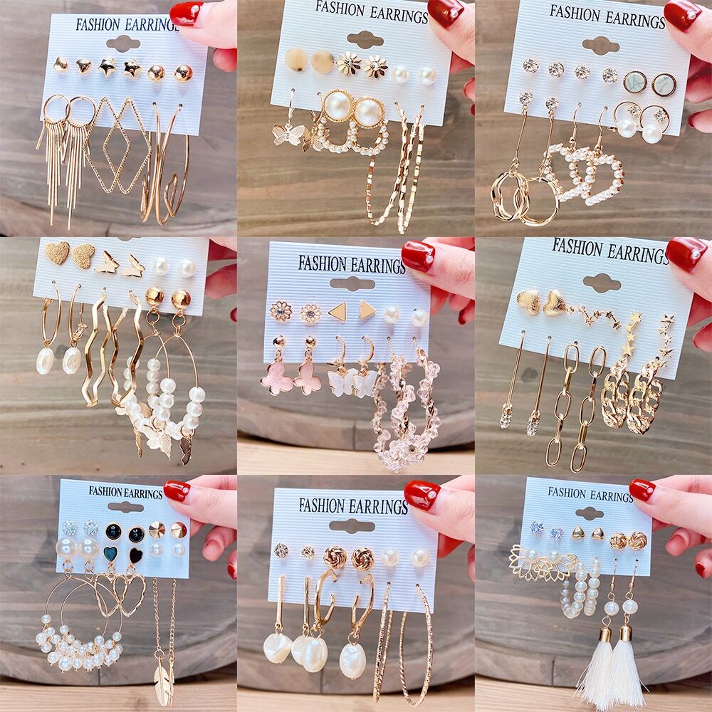 Fashion Crystal Pearl Earring Set Love Heart Stud Earring Gold Silver Hoop Earrings Women Jewelry Accessories