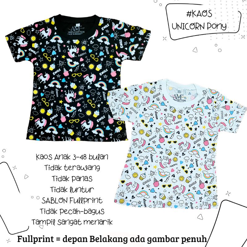 BAJU KAOS UNICORN RAINBOW PONY Fullprint 3 bulan s/d 10 tahun Merk AM27