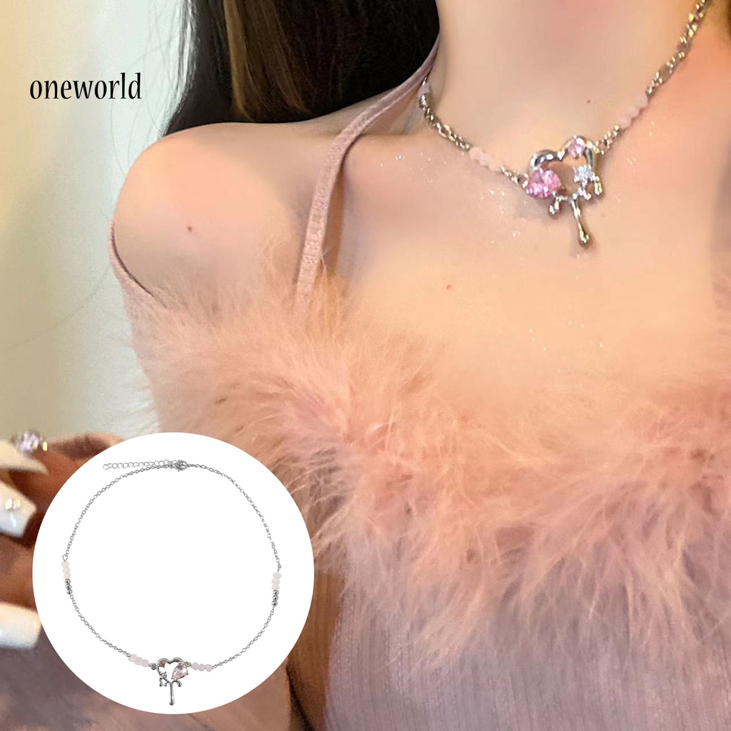 |Onwo Dress Mini Lengan Pendek Untuk Wanita| Kalung Choker Manik-Manik Bentuk Hati Bahan Cubic Zirconia Warna Pink Untuk Wanita