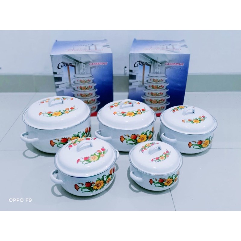 Panci Calypso Enamel 5 Susun / Panci Jadul Motif Bunga / Panci Set rebus kukus goreng ungkep trim mie ayam daging sop sayur 5 susun motif jadul bunga desa
