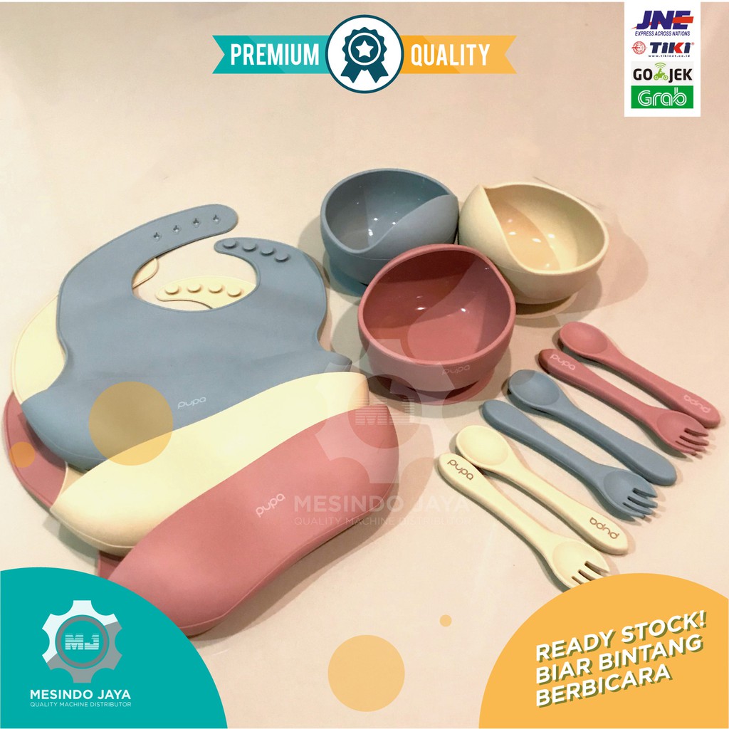 Alat Makan Bayi Silikon BIB, Sendok &amp; Garpu Silicon, Mangkuk / Perlengkapan Makan Bayi Baby Set PUPA