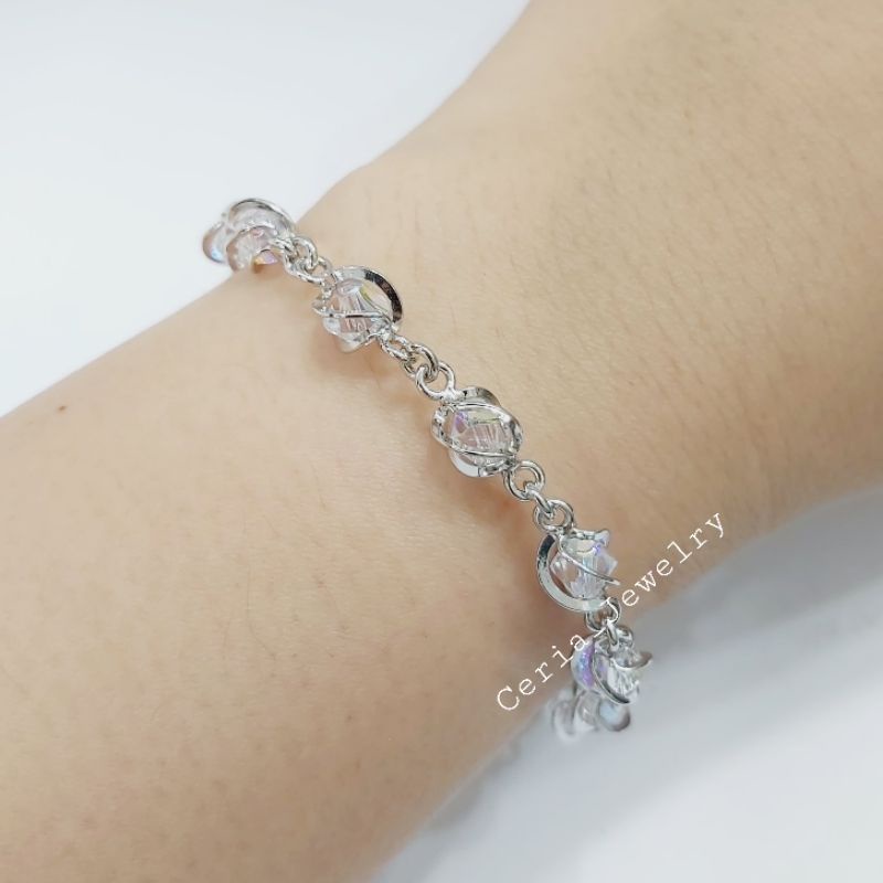 Gelang Perak Asli Silver 925 Lapis Emas Putih Model Sangkar Permata Kristal - Perhiasan Perak Wanita