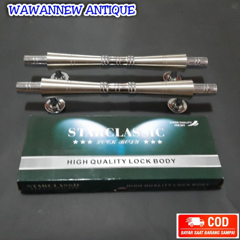 Handle Pintu / Gagang Pintu Rumah Kuningan + 1 Set Body Kunci Motif Bambu Chrome 34cm