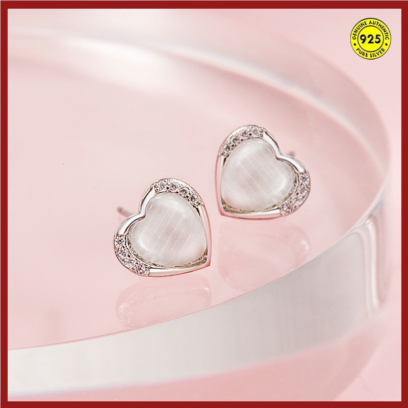 Anting Tusuk Sterling Silver 925 Desain Hati Hias Batu Opal Anti Air / Alergi Untuk Wanita