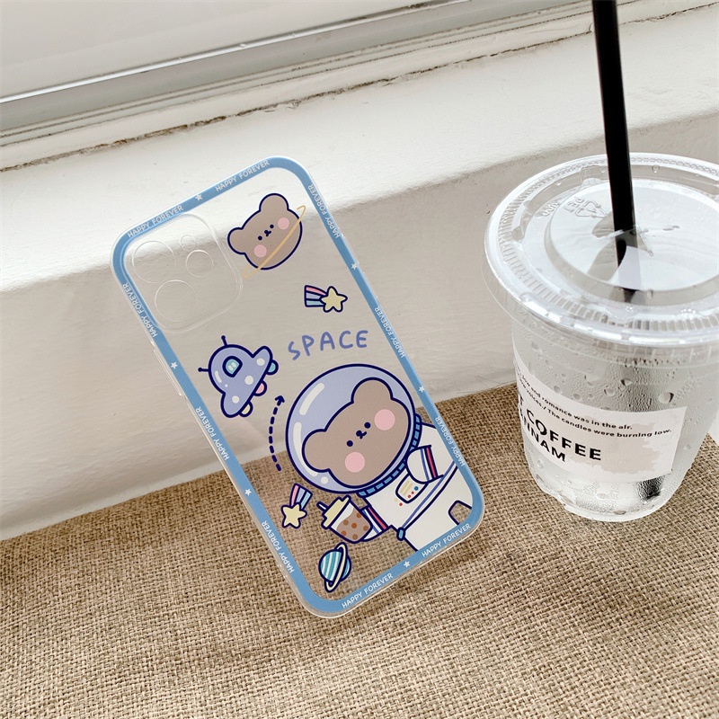 IPHONE Kartun Lucu Milk Tea Space Bear Transparan Phone Case Cover Untuk Iphone6 6s 78 PLUS X XR XS 11 12 13 PRO MAX SE 2020