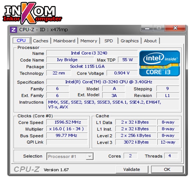 Prosesor Intel Core i3 3240 Socket 1155 FAN INTEL