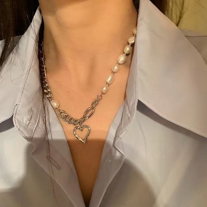 Pearl Love Stitching Necklace Female Light Luxury Temperament High Sense Clavicle Chain Summer Wild Neck Chain Sweet Heart Jewelry