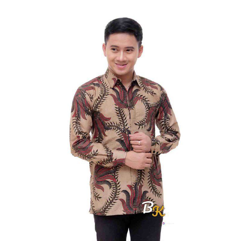Batik Pria Lengan Panjang BATIK BERKAH HRB026 motif KERATONAN Kode 002 size M L XL XXL Reguler-kobes merah