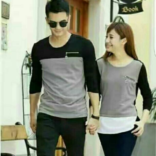 Baju Couple Zipper Grey bebiteri kaos pasangan Abu Hitam lengan panjang sleting korea Style Kasual