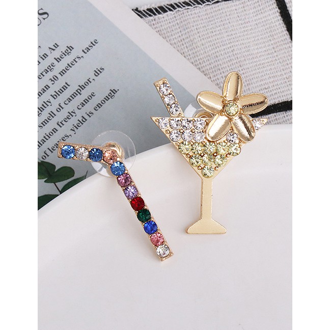 LRC Anting tusuk Fashion Straw Cup Geometric Asymmetric Earrings With Diamonds D80100