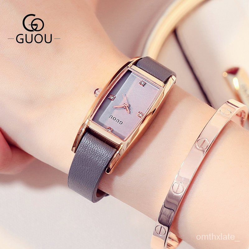 【Factory Outlet】GUOU Square Watch Ladies Waterproof Wristwatches Rhinestone Quartz Watches for Women Leather Strap R