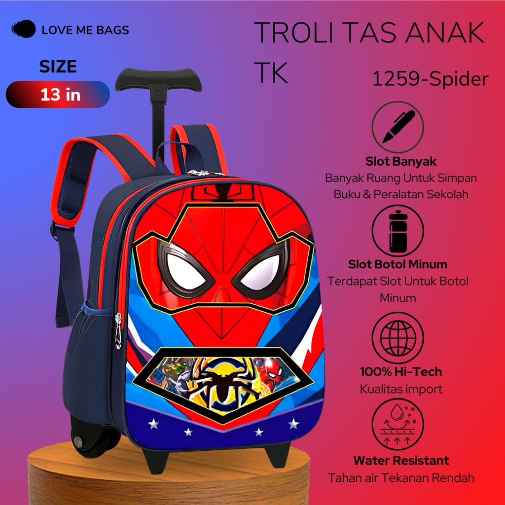 LMB Tas Troli Anak Laki Laki TK Import Gambar Karakter Superhero Bagian Depan Timbul 6D Bahan Nilon Kualitas Premium