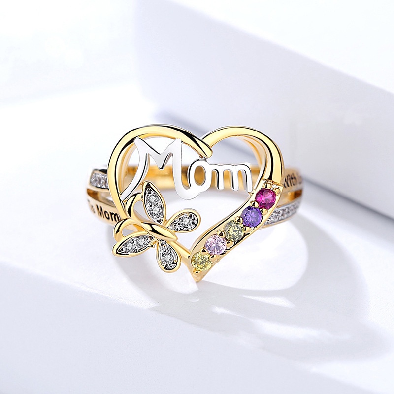 Cincin Emas 14k Desain Kupu-Kupu Hati Hollow Hias Berlian Untuk Hadiah Hari Ibu