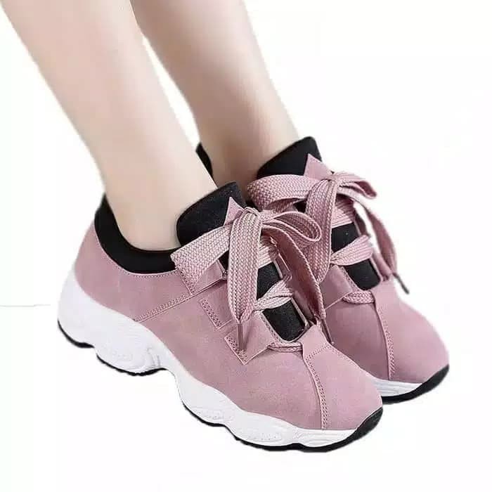 SEPATU WANITA SNEAKERS KETS TALI PEREMPUAN FASHION CEWEK WARNA PINK